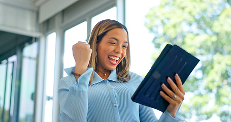 Image showing Business woman, tablet and walking in victory for good news, promotion or winning at the office. Happy female employee taking walk in celebration for win, bonus or achievement with touchscreen