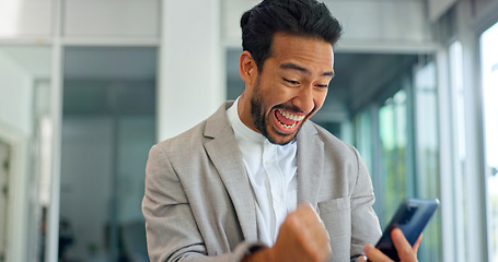 Image showing Success, phone and winner with businessman in office and celebration for deal, growth and stock market target. Wow, goals and good news with fist of employee for achievement, future and sale