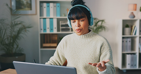 Image showing Business, creative and black woman with laptop, thinking and digital planning in modern office. Agent, African American female employee and consultant with focus, headphones and ideas for new project