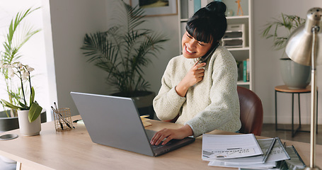 Image showing Business woman, phone call and laptop in home office for customer networking, sales consulting or digital marketing strategy. Smile, happy or remote lockdown worker with paper documents or technology