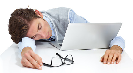 Image showing Tired businessman sleeping with laptop, white background and burnout. Fatigue, lazy and sad worker taking a nap at computer, studio background and frustrated from anxiety, mistake and sick stress