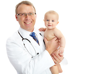 Image showing Portrait, doctor and man with baby in studio isolated on a white background mockup. Face, healthcare and happy medical worker, physician and mature male pediatrician holding infant, kid or toddler.