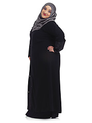 Image showing Fashion, Muslim and portrait of woman on a white background with confidence, elegance and happy attitude. Culture, religion and female isolated in studio with Islamic, cultural and Arabian clothes