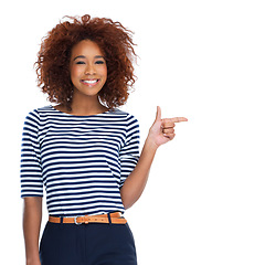Image showing Mockup, portrait and black woman, pointing or happy with female isolated on white studio background. African American girl, lady or gesture for brand development, advertising and creative on backdrop