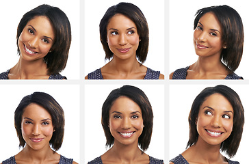 Image showing Happy black woman, headshot or collage on isolated white background for emoji or facial expression mosaic. Smile, face or model in composite montage for fun profile picture or business ID photography