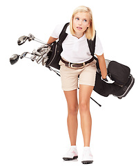 Image showing Sports, athlete and woman golfer in a studio with clubs for exercise, training or golfing motivation. Fitness, golf and female model carrying heavy sport equipment isolated by a white background.