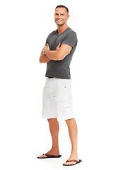 Image showing Portrait, mockup and fashion with a man in studio isolated on a white background standing arms crossed. Marketing, advertising and mock up with a mature male posing on black product placement space