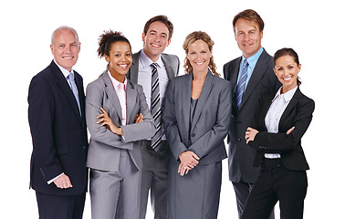 Image showing Group studio portrait, business people and white background with smile, suit and focus for success in team. Happy corporate teamwork, motivation or isolated for goals, mission and professional vision