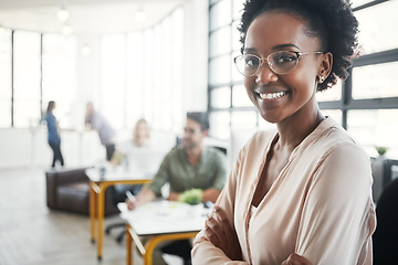 Image showing Portrait, business and black woman arms crossed in office, smile and confident entrepreneur, coworkers and achievement. Nigerian female, leader and employee with happiness, corporate deal and target