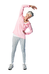 Image showing Senior woman, portrait or stretching on isolated white background in exercise, workout and training for body wellness. Smile, happy or retirement elderly in warm up for fitness pain relief on mock up