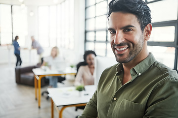 Image showing Happy, smile and portrait of businessman in office for management, leadership and vision. Web design, startup and future with face of ceo in creative digital agency for mindset, mentor and goal