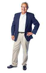 Image showing Proud senior and manager full body portrait smiling with confident, happy and corporate pose. Mature, professional and elderly businessman with smile standing at isolated white background.