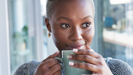 Image showing Coffee drink, relax home and black woman thinking of idea, happy in house and smile in the living room of apartment. Face of an African person drinking warm tea and calm in lounge for breakfast