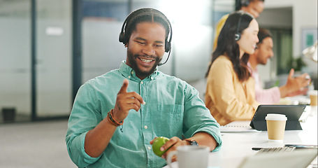 Image showing Call center, customer service and a business black man writing in a notebook while working on a computer for sales. Computer, contact us and support with a male employee at work as a consultant