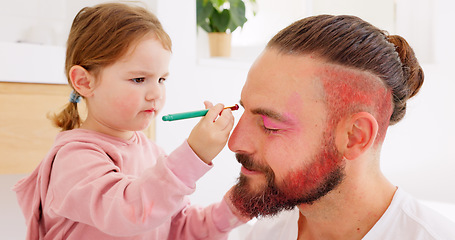 Image showing Man, kids and makeup with fun, happy and play together in bathroom in home. Girl, children and father smile for makeup, brush and cosmetics while bonding in house with love, family life and funny