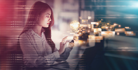 Image showing Overlay, social media and woman typing on a phone for communication, website and digital contact. Futuristic, research and employee reading information on a mobile for business, network and update