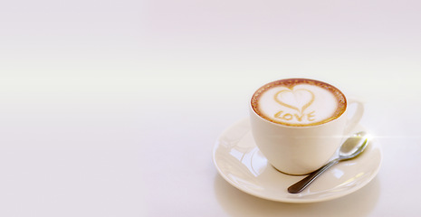 Image showing Coffee, love and cappuccino with mockup, white background and product placement for drink. Heart, bespoke latte art design and cup in creative cafe launch or minimal restaurant advertisement space.