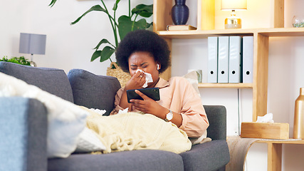 Image showing Sick afro woman streaming on phone while coughing, suffering from covid fatigue and blowing her nose with tissue. Young woman watching movies on technology and ill with sinuses, cold or flu allergies