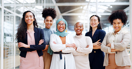 Image showing Leadership, empowerment and diversity happy woman team at creative marketing startup company. Teamwork, change and confident group of women with focus, pride and smile at advertising industry office.