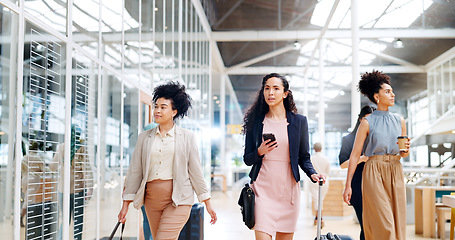 Image showing Travel airport, smartphone and walking woman lost, confused and arrival from airplane transportation journey. Luggage suitcase, business trip and girl search gps location, app or digital map compass