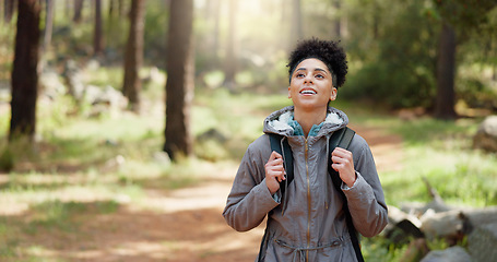 Image showing Freedom, fitness hiking and woman in nature park, relax and happy outdoor in nature for peace, quiet and freedom mindset. Happiness, fitness and smile zen girl in forest, wellness and being mindful