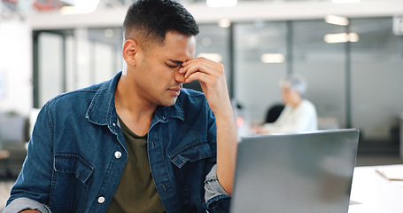 Image showing Headache, stress or depression businessman working on laptop with burnout, confused or mental health. Sad, frustrated or marketing employees in office 404 computer glitch, tax audit error or anxiety