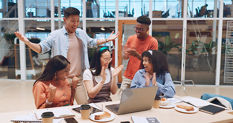 Image showing Business, team and applause for celebration, corporate deal and marketing campaign in modern office. Staff, teamwork and clapping for group project, target achievement and goal for collaboration.