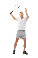 Image showing Tennis sports, fitness and man in studio isolated on white background for exercise. Training, athlete and mature male with racket ready to hit ball for workout for health, game practice or wellness.