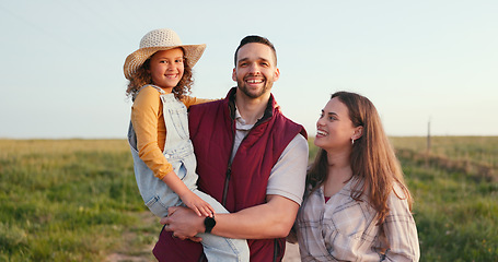 Image showing Family, mother and father with girl, on holiday and in countryside together being relax, happy and smile. Portrait, mom and dad holding daughter or child on vacation, enjoy fresh air and bonding.