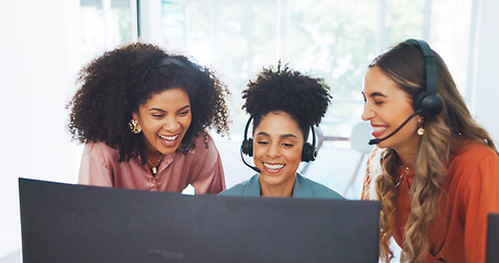 Image showing Call center, high five and business people applause for success, telemarketing sales or achievement. Teamwork, customer service and group of women clapping in celebration of victory, goals or targets