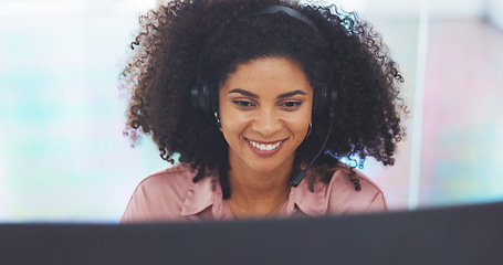 Image showing Customer service communication, computer video call and consultant talking on telecom microphone or contact us CRM. Call center, ecommerce and telemarketing black woman consulting on customer support