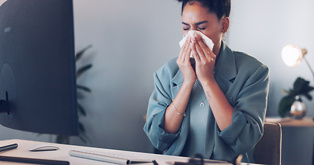 Image showing Business, woman and sneeze in office, computer and sickness. Female entrepreneur, administrator and tissue for illness, flu and girl overworked, burnout and employee for corporate planning or startup