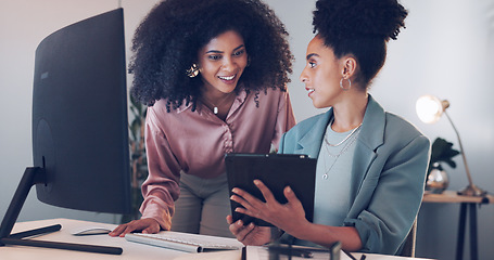 Image showing Computer, black african american woman or manager coaching, training or helping an employee with mentorship at office desk. Leadership, collaboration or worker with a question talking or speaking of