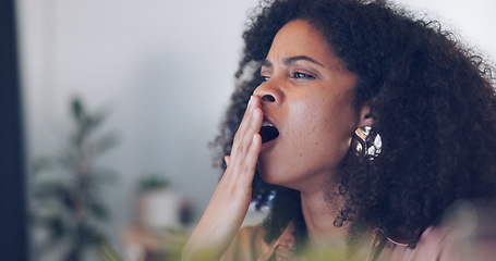 Image showing Customer service, tired and woman yawning in call center office on night shift. Fatigue, working late and face of black woman, consultant and female sales agent yawn while telemarketing in workplace