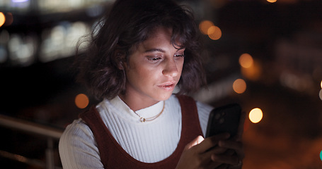 Image showing Search, night and phone with business woman in city for communication, social media and networking. Internet, technology and digital with face of girl on rooftop for app, data and email in New York