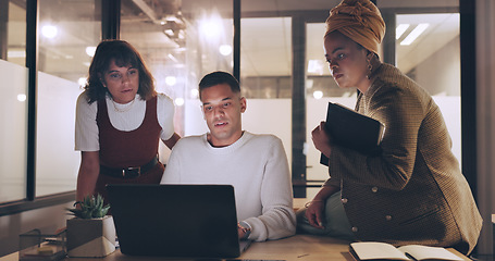 Image showing Laptop, tablet and business people teamwork on night project, digital finance portfolio or feedback review of stock market research. Financial economy, investment collaboration and trader trading nft