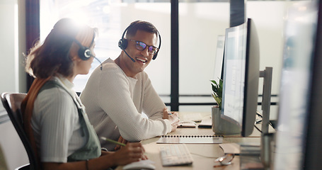 Image showing Call center, customer service and collaboration with a consulting team working together for help or support. Contact us, telemarketing and teamwork with a man and woman consultant at work in sales