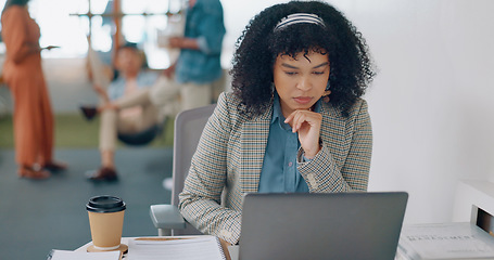 Image showing Thinking, laptop or black woman working on a digital marketing seo strategy for an advertising or digital agency. Typing, research or social media page editor copywriting an internet article or blog