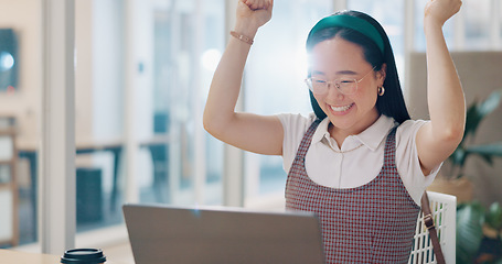 Image showing Winner, laptop or happy employee with success, job promotion or digital marketing sales target at office desk. Wow, woman or excited Japanese girl smiles with pride from winning a bonus or kpi goals