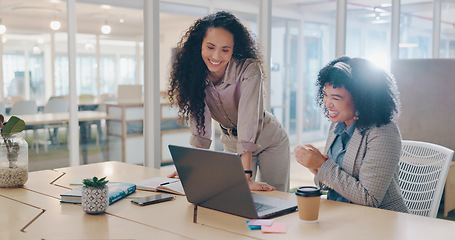 Image showing Teamwork, laptop and business people fist bump, applause and success celebration. Coaching, training and friends, women or coworkers, clapping and celebrate after solving problem in office workplace.