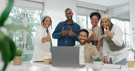 Image showing Teamwork, laptop and planning with face of business people in office for strategy, project management and idea. Diversity, support and community with group of employee in startup for leadership goals