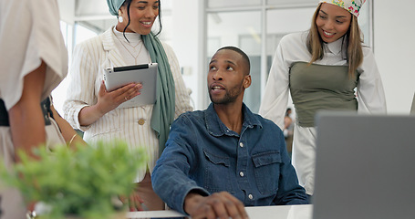 Image showing Coaching, collaboration and training, team at laptop in discussion on project management with manager. Leadership, planning and brainstorming, woman mentor teaching business staff at creative office.