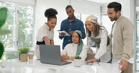 Image showing Coaching, collaboration and training, team at laptop in discussion on project management with manager. Leadership, planning and brainstorming, woman mentor teaching business staff at creative office.