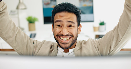 Image showing Happy businessman, success or fist on computer with wow or yes face expression in creative startup deal, goals or target. Smile, excited or winner worker with hands gesture on office technology sale