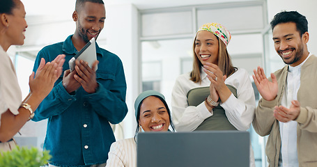 Image showing Success, applause and woman with feedback in office at startup business with proud team. Congratulations, cheering and support for winner target achievement with employees clapping hands at desk.