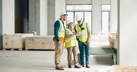 Image showing Tablet, building and construction worker team planning renovation, industrial design software and development brainstorming. Manager with digital app talking to engineering contractor in industry job