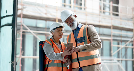 Image showing Engineer, building construction and phone with inspection workers talking and planning on internet, innovation and vision development. Site, project and technology with architect man and woman team