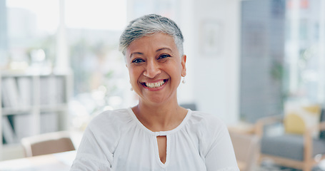 Image showing Face, leadership and senior business woman in office ready for task, targets or goals. Boss, ceo and happy, confident and proud female laughing with vision, mission or success mindset in workplace.