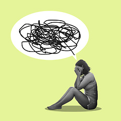 Image showing Mental health, confusion and woman on floor, depression and emotional on studio background. Speech bubble of scribble, female and girl on ground, emotional or anxiety with thoughts, stress or anxious