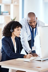 Image showing Customer support mentor, computer consulting and black people telemarketing on contact us CRM or telecom. Teamwork, e commerce call center and training information technology consultant on microphone